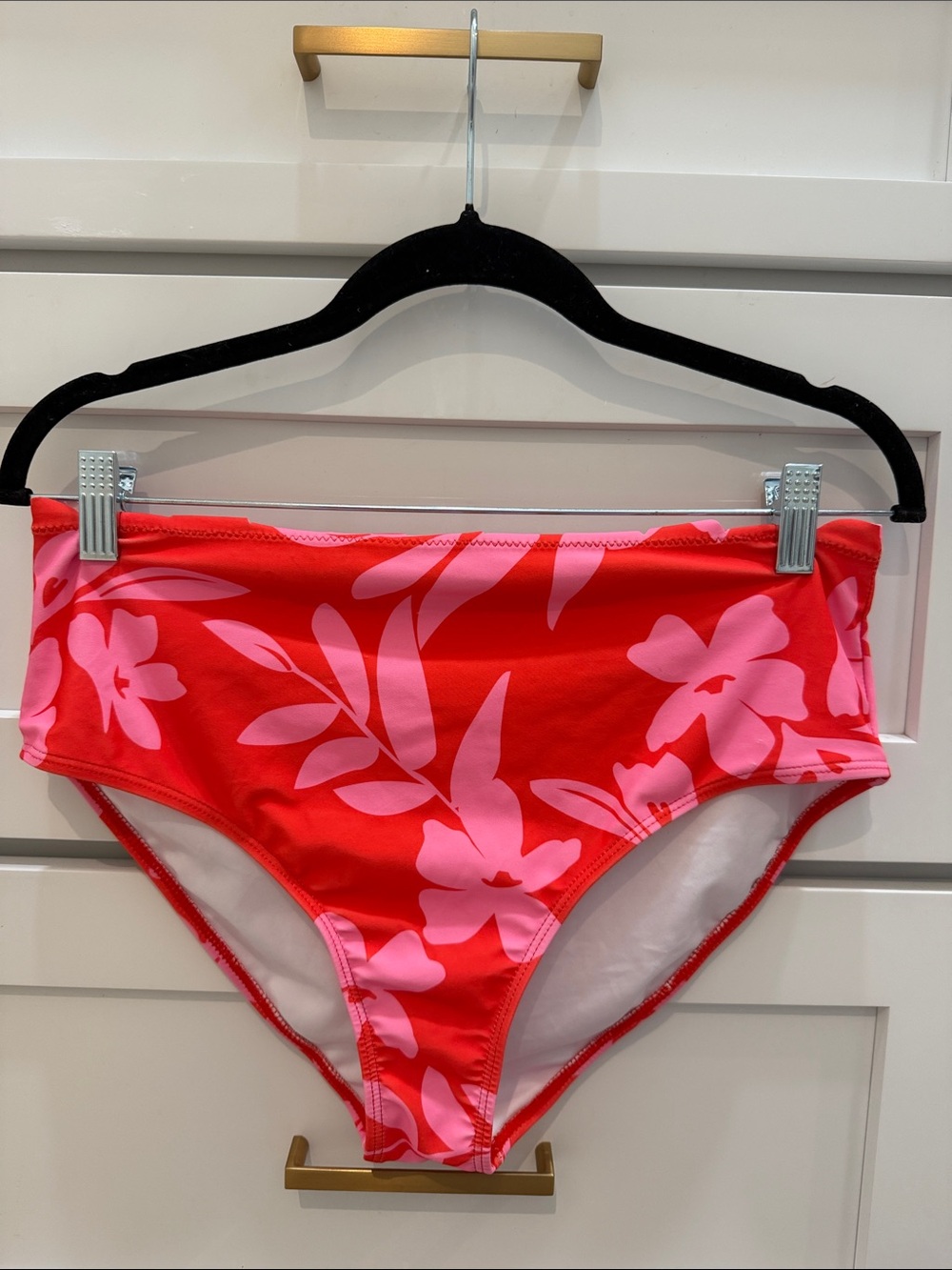 Pink Lily Red Bikini Bottoms with Pink Floral Print